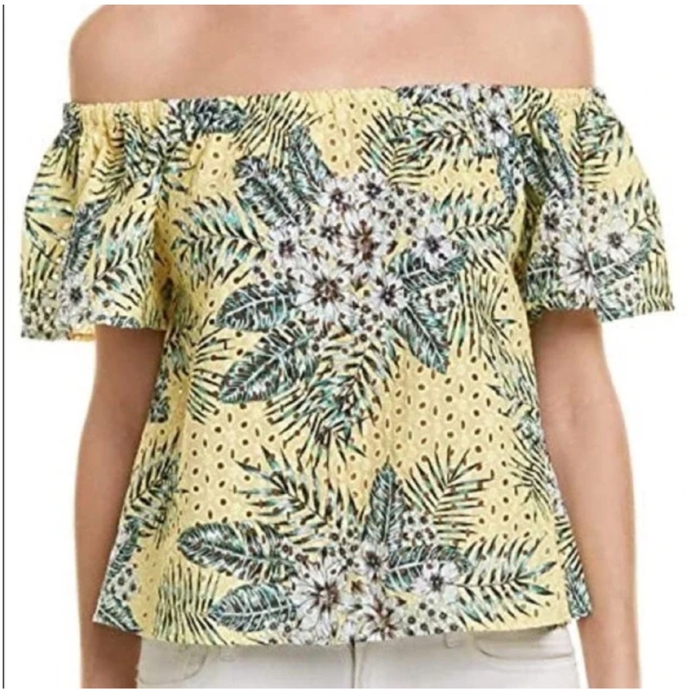 BB Dakota Kass Yellow Tropical Floral Eyelet Off the Shoulder Crop Top Size M